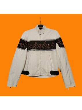 Bikers Dream Apparel White Jacket with Orange Flame Design Polyester Zip-Up